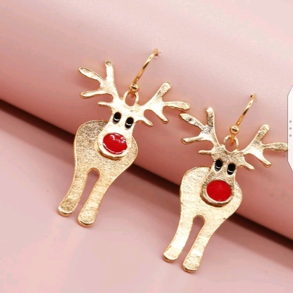 ✨3 FOR $28✨🆕DANGLING REINDEER EARRINGS - GOLD TONE - RUDOLPH